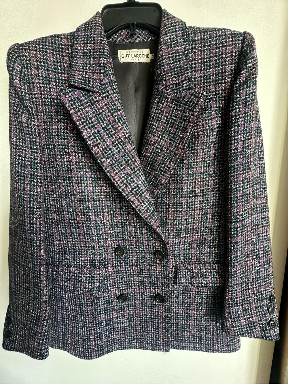 Vintage Guy Laroche Purple and Black Plaid Double-Breasted Blazer Wool and Silk